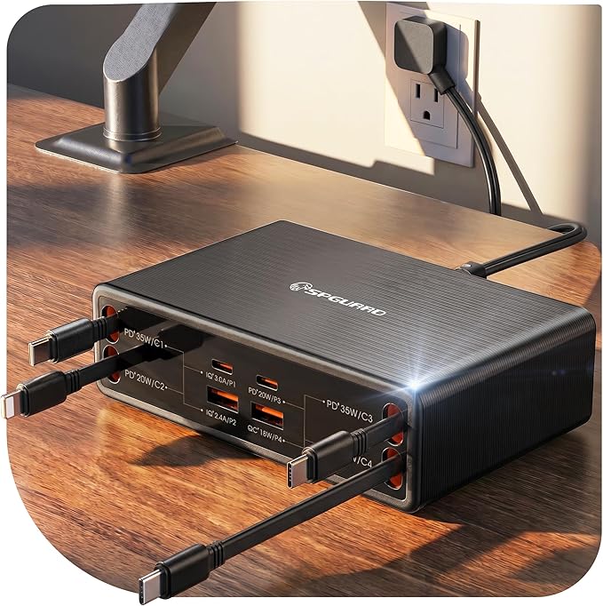 8-in-1 Retractable Charging Station Desktop for Multiple Devices, 105W GaN USB C Plug Retractable Multi Charger Hub for iPhone 17/16/15 Pro, Galaxy S26/S25, iPad, Pixel, Home Office, Travel Essentials
