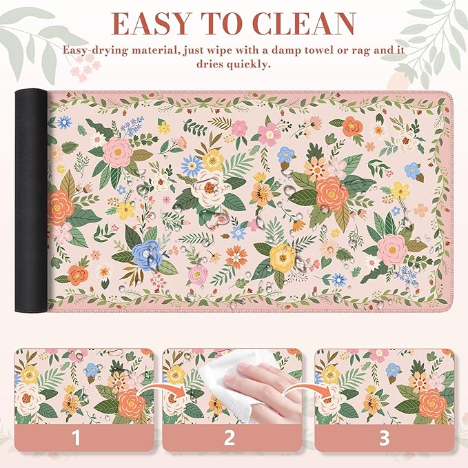 iCasso Floral Desk Mat for Keyboard and Mouse,Cute Gaming Mouse Pad XXL,Anti-Slip Desk Matt for Desktop,Soft Lycra Surface Computer Mat Women,Girly Big Mousepad for Home Office (Pink Floral)