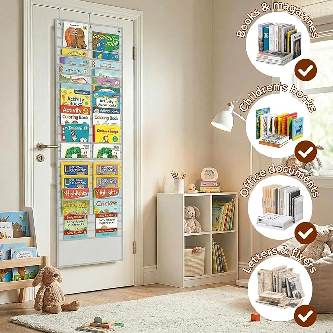 Over The Door File Organizer with 26 Large Pockets, Office Hanging Magazine Holder, 600D Oxford Fabric Tear-Resistant Door Organizer for Mail Paper Documents,Magazine Rack for Office Home School(Gray)