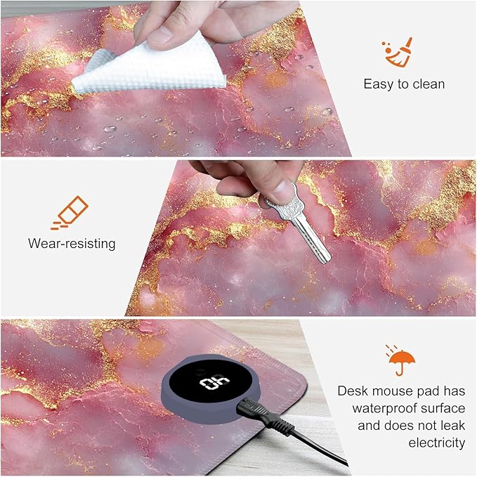 Heated Mouse Pad,Warm Desk Pad with 3 Levels Heating & 3 Hours Auto Shut-Off, PU Leather Heated Desk Pad Warmer Pad for Home Office - 23.6 x 14.2 inch,Pink Gold Marble