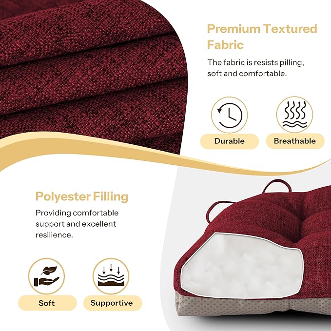 Non Slip Chair Cushions for Dining Chairs Set of 4 Kitchen Chair Cushions 18"x18"x3" Turfted Chair Pads Comfortable and Soft Seat Cushion with Ties, Red