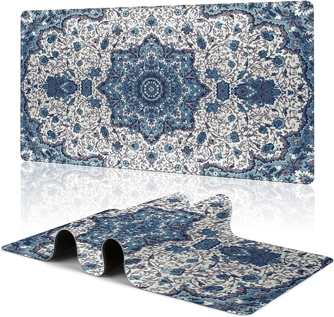 Large Gaming Mouse Pad Blue Boho Rug Texture Desk Mat Mouse Pad Extended XL Mousepad, Large Non-Slip Rubber Base Mousepad with Stitched Edges, Desk Pad for Work Game Office, 31.5 x 15.8 in