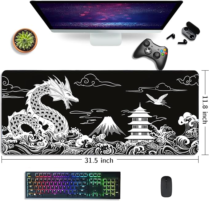 Japanese Dragon Large Gaming Mouse Pad, Black Mouse Pad Gaming 31.5 x 11.8 in, Large Desk Mat, Keyboard Mousepad with Non-Slip Base Stitched Edge for Desk Home Office