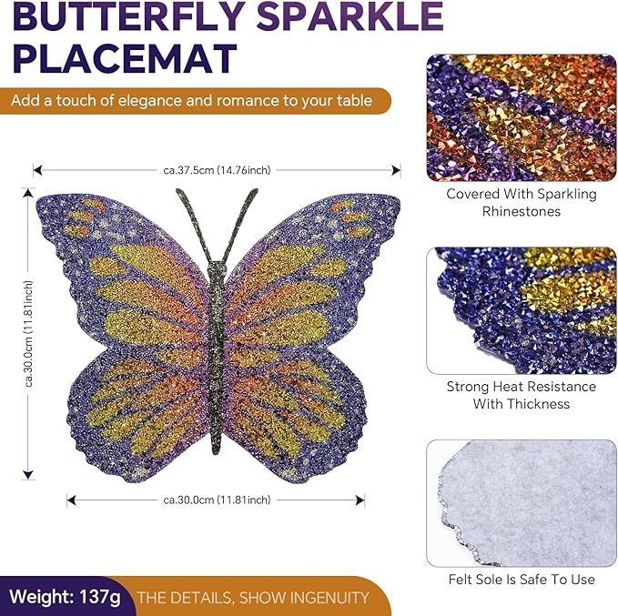 Purple Butterfly Placemat, Colorful Rhinestones Bling Glitter Place Mat for Home Kitchen Table Decoration, Butterfly Gifts for Women Mom (Purple,1 PCS)