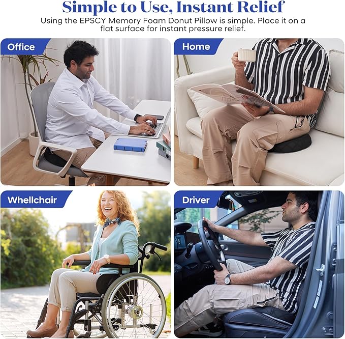 EPSCY Memory Foam Donut Cushion for Coccyx, Hemorrhoid, Sciatica & Tailbone Pain Relief - Pressure Reducing Seat Cushion with Removable Cover - Postpartum Pillow for Office Chair, Car, Wheelchair