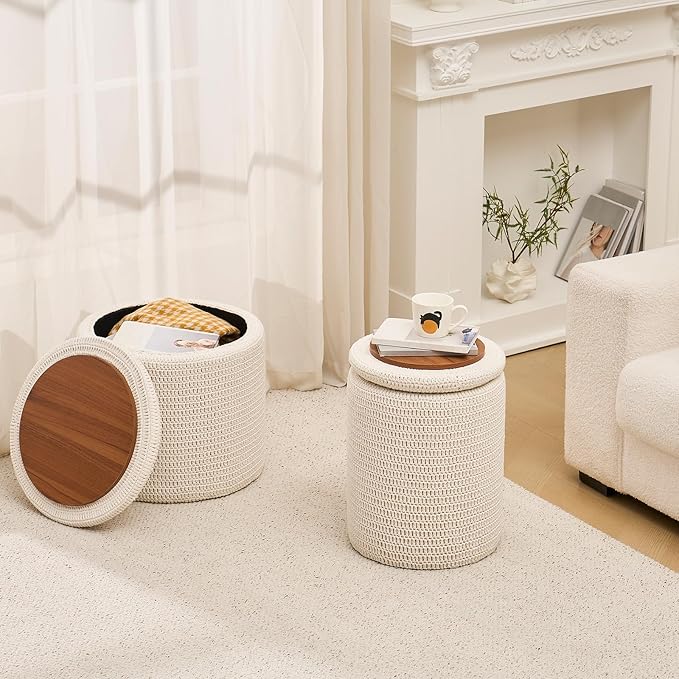 Wimarsbon Pouf Ottoman, 100% Cotton Knitted Boho Footstool, Round Footrest with Non-Skid Wood Legs, Home Décor Handmade Pouffe, Leisure Floor Step Stool for Living Room (14inch White Storage Ottoman)