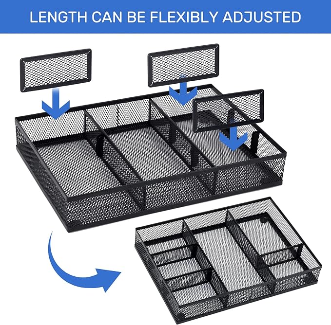 Neudeco Desk Drawer Organizer, 4 Pack Metal Mesh Drawer Organizer Set with Adjustable Dividers, Stackable Pen Organizer for Desk Drawer, Office Supplies Organizer, Black