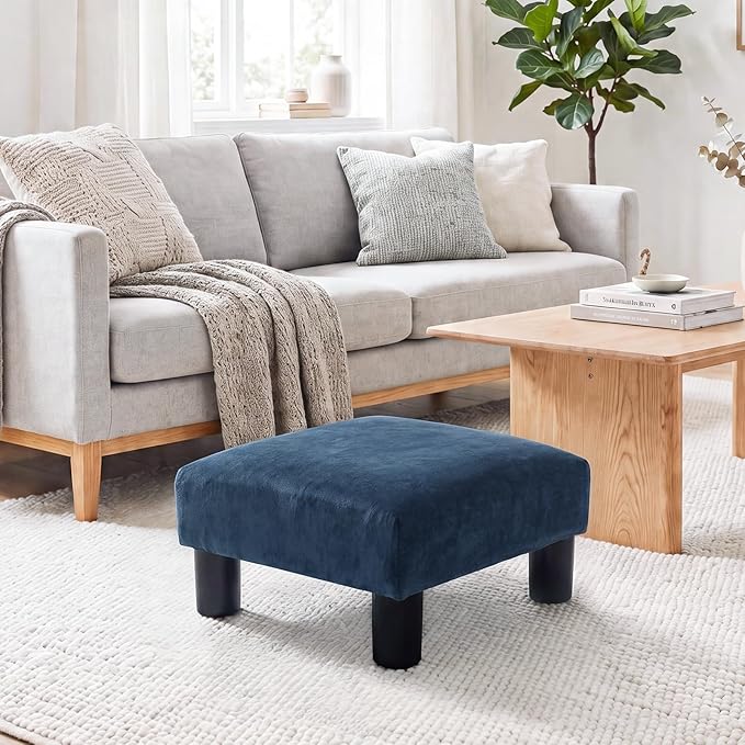 Joveco Small Foot Rest Stool Ottoman, 15" Fabric Square Short Low Footstool Upholstered Footrest for Chair, Under Office Desk, Living Room, Navy Blue