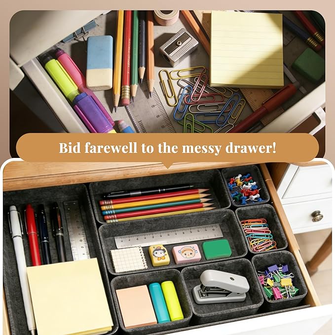 8pcs Felt Desk Drawer Organizer Tray, 4 Sizes Drawer Organizers Set for Office Supplies, Jewelry, Makeup, Cosmetics, Desk & Drawer Storage (Charcoal)