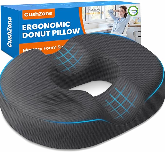CushZone Donut Pillow for Postpartum Pregnancy - Large Ergonomic Chair Seat Cushions, Office Chair Cushion, Breathable Hemorrhoid Pillow, Lifting Chair Pads for Sitting, After Surgery(Grey, XL)
