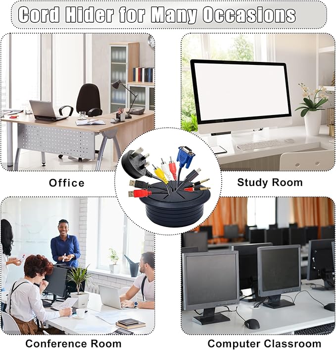 6PCS Desk Grommet,2-3/8""(60mm) Desk Hole Cover for Cables,Wire Hole Cover for Desk with Hole Saw,Office and Home Table,Desktop Equipment Wiring Management and Protection (Black)