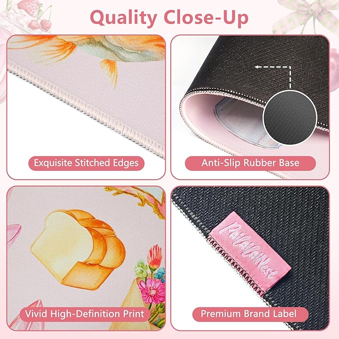 Pink Floral Mouse Pad Large 35.4×15.7 Aesthetic Cute Desk Mat for Women Girls, Non-Slip Water-Resistant Keyboard Pad for Home Office Gaming