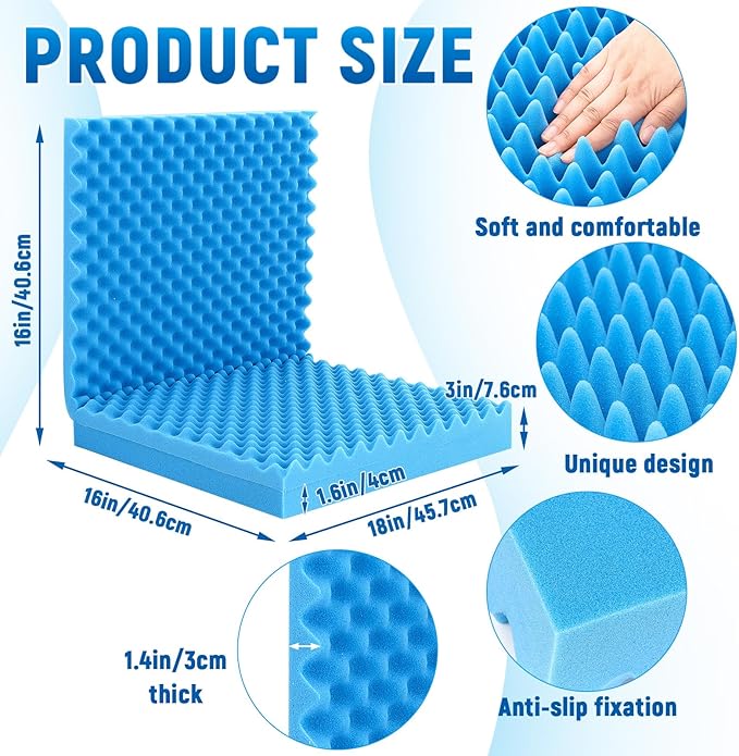 Geiserailie 1 Pcs 32 x 18 x 3 Inches Egg Foam Pad with Back Egg Foam Cushions Wheelchair Seat Cushion to Relieve Back for Office Chairs Wheelchairs Recliner Chair Accessories (Blue)
