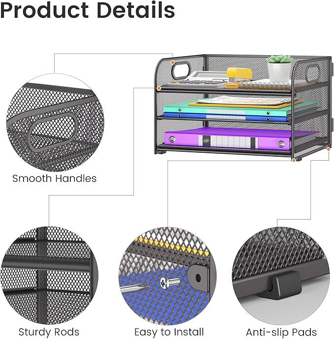 Cawukege 3 Tier Paper Organizer with Handle, Metal Desk Organizer Mesh Paper Letter Tray Desktop File Folder Document Sorter for Classroom, School, Office Accessories Storage (1, Grey)