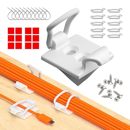[Made in the UK] 10-Pack Adjustable Elastic Self-Adhesive Cable Tidy Clips, Cable Management Organiser for Office, Home, Under Desk, Behind TV, Charging Phone, Laptop, PC, HDMI, USB (WHITE)