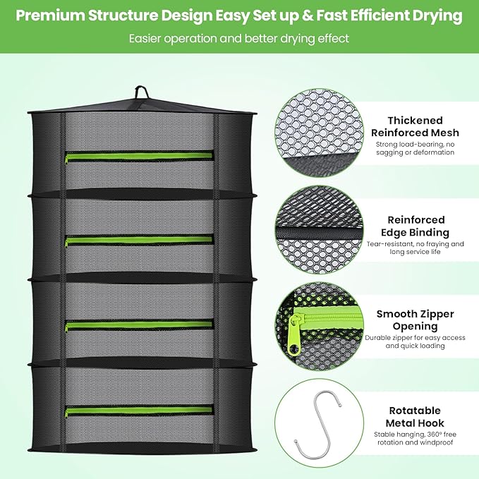 MEKOLIFE Herb Drying Rack Hanging-4 Layer, Plant Drying Rack, Bud Drying Net,Foldable Hanging Dry Rack Net with Green Zipper, Garden Shears & Hooks, for Herbs, Seeds Indoor/Outdoor (23.62")
