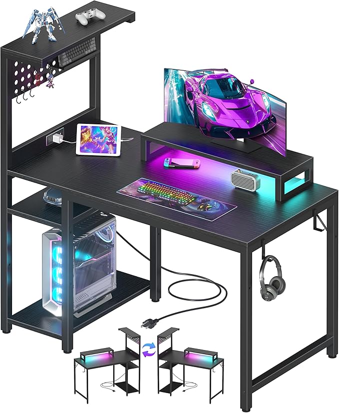 40 inch Small Gaming Desk with Pegboard Shelves Computer Desks with Led Lights Power Outlets PC Monitor Stand Reversible Storage Shelf Table for Bedroom Small Space, Black