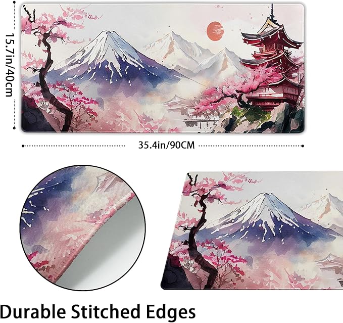 Japanese Cherry Blossom White Gaming Mouse Pad XXL Extended Large Mouse Mat Desk Pad Nonslip Rubber Base Long Computer Keyboard Desk Mat for Gaming Laptop Desktop 35.4 x 15.7 Inch