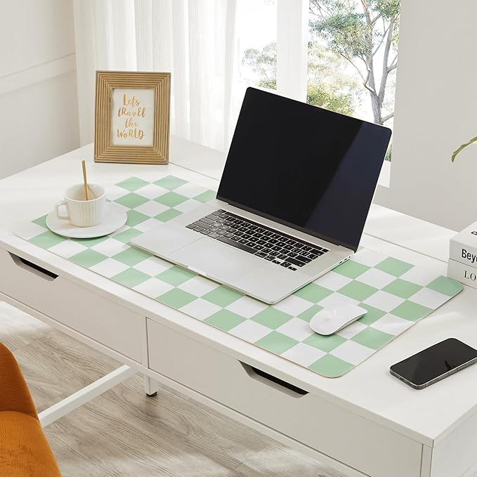 Ohocut Checkered Desk Mat, Large Cute Aesthetic Retro PU Leather Computer Laptop Desk Mat, Non-Slip Waterproof Mouse Keyboard Pad, Desk Writing Mat for Work/Home (Green, 23.6" x 13.7")