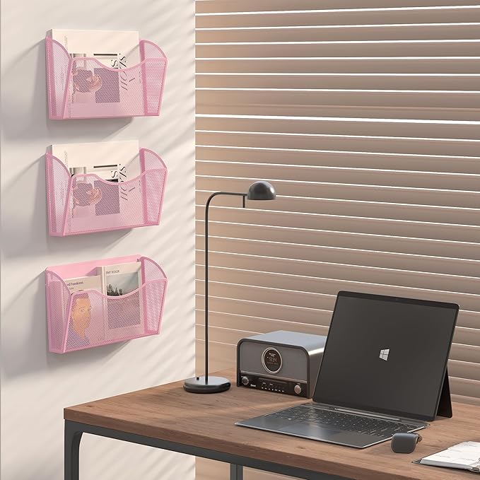 EasyPAG 3 Pack Wall File Organizer, Metal Mesh Hanging File Folder Holder for Letter/A4 Size Folders, Vertical Wall Mount Mail Sorter for Office Paperwork, Classroom, Pink