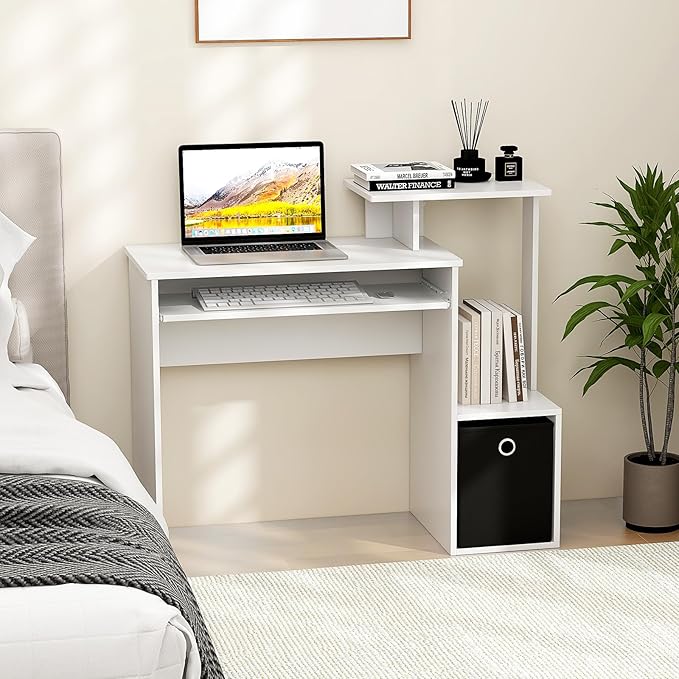 Giantex White Computer Desk with Drawers & Keyboard Tray, Modern Home Office Desk with Storage Shelves & Printer Stand, Laptop PC Table for Workstation, Study Writing Desk for Small Spaces, Bedroom