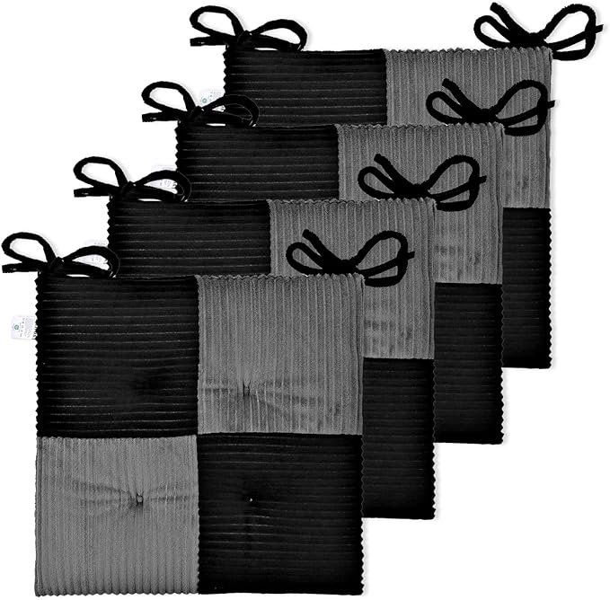 Office Stacking Chair Cushions 4 Pack, Corduroy High Density Foam Kitchen Seat Cushions with Ties, Square 17" x 17" Indoor Non-Slip Dining Chair Pads, Black+ Grey，4pcs