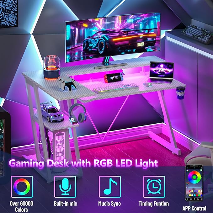 Korfile 47 Inch White Gaming Desk with Power Outlet & LED Lights, Corner Computer Desk with 3 Tiers Storage Shelves, L Shaped Gaming Desk with Monitor Stand for Bedroom