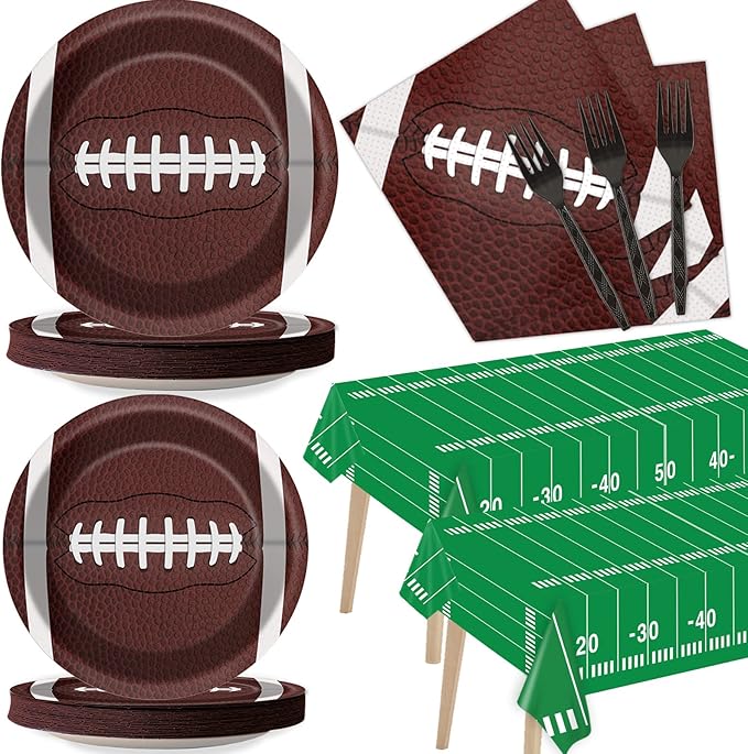 Football Party Plates and Napkins Supplies Set for 24 Guests, Disposable Sports Football Tablecloths Decorations for Football Tailgate Game Day Birthday Party Favors
