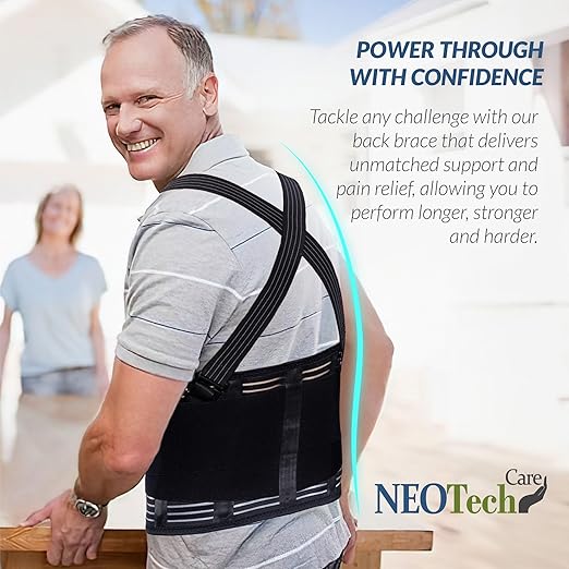 NeoTech Care Back Brace with Suspenders for Work - Industrial Lifting Safety, Elastic Compression, Hook & Loop Closure (Black, Size L)