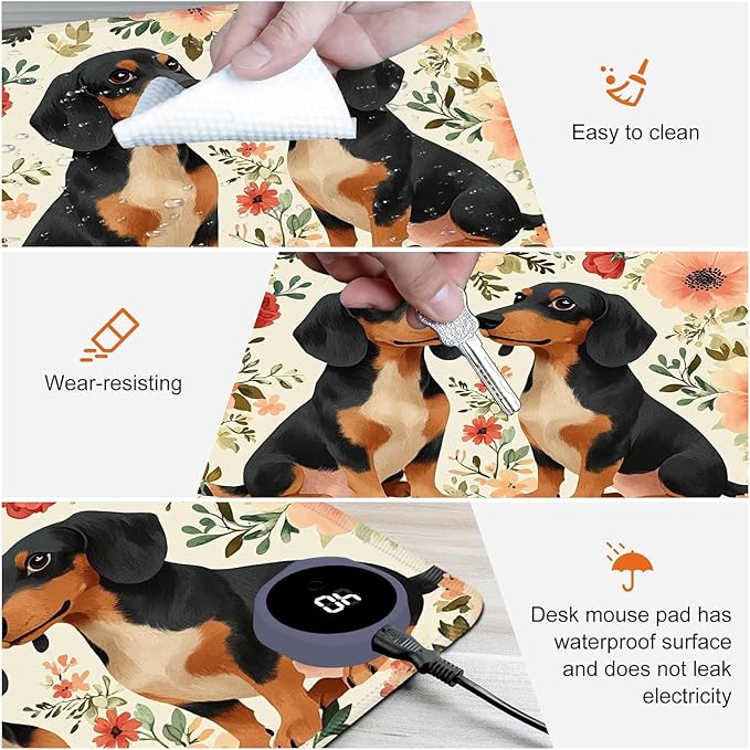 Heated Mouse Pad,Warm Desk Pad with 3 Levels Heating & 3 Hours Auto Shut-Off, PU Leather Heated Desk Pad Warmer Pad for Home Office - 23.6 x 14.2 inch,Dachshund Dog Flowers