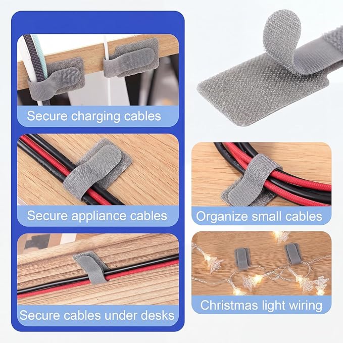 100 Pcs Hook and Loop Cable Ties, Self Adhesive Cable Management Under Desk Cable Straps, Adjustable Cord Organizer for Desk Home Office Organization (Grey)