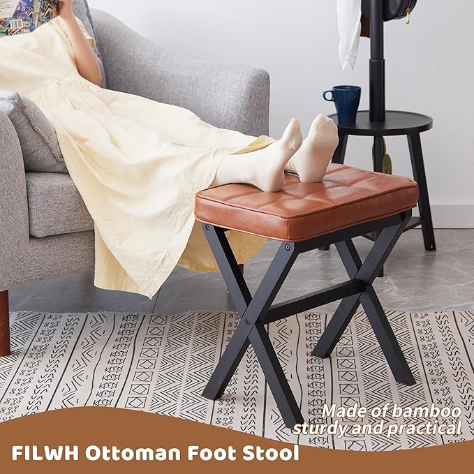 Foot Stool Small Ottoman Foot Rest Padded Foot Stool Desk for Under Office Desk Vanity Stool Bamboo Footstool Sofa Footrest Shoe Stool Small Foot Stools (Black Legs + Reddish Brown)