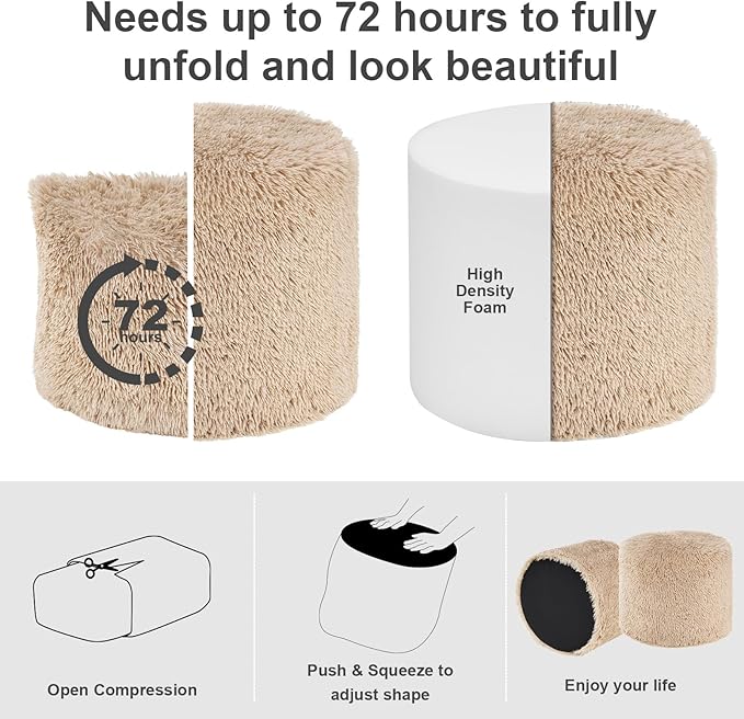Hansleep Round Stuffed Pouf Ottoman 20 x 15, Foam Filled Faux Fur Ottoman Foot Rest for Chair with Washable Cover, Foot Stools Under Desk for Living Room & Bedroom, Brown