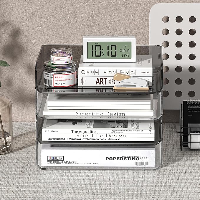 FANXIYQ 4-Tier Horizontal Acrylic Paper Tray Organizer | Clear Stackable Desk Organizer for Documents, Letters, A4 Paper | Modern Office/Classroom/Home Organization,Clear&Brown