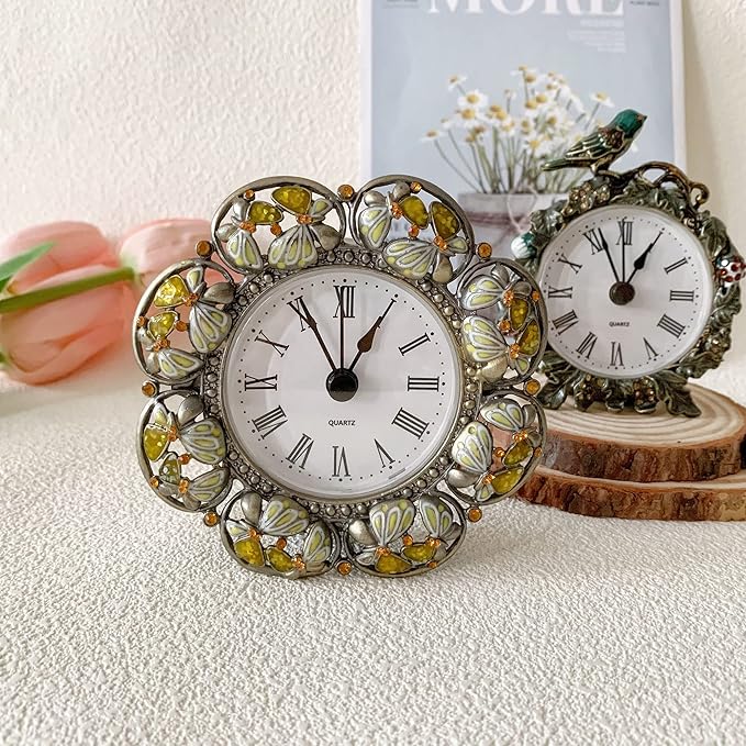 Silent Mini Vintage Analog Table Clock with Hand-Painted Metal Body and Battery Operated Non-Ticking Core for Shelf, Bedroom, Bedside, Desk, Gift Clock