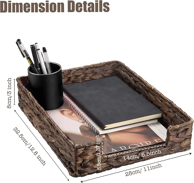 Set of 2 Water Hyacinth Letter Tray for A4 File Desk Mail Letter-Size Paper, Basket Woven Organizer, Magazine Files Storage, Office Document Organizer and Storage, Coffee