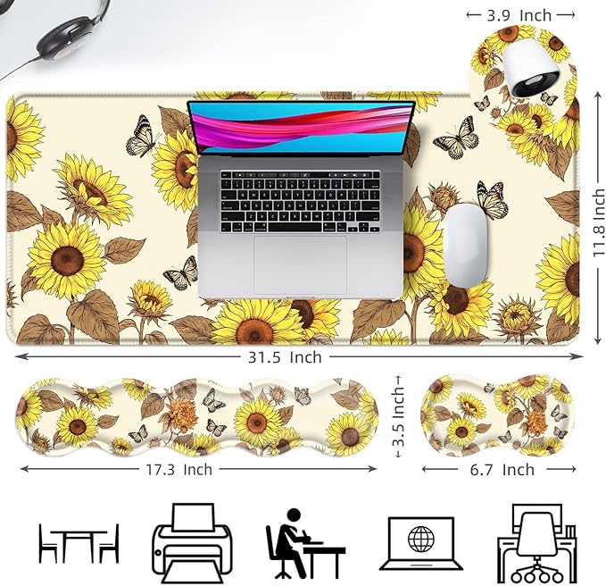 Ergonomic Mouse Pad Set with Wrist Support for Keyboard and Wrist Rest for Mouse, Memory Foam Comfort, Non-Slip Large Desk Mat for Home Office Pain Relief,Vintage Butterfly Sunflower