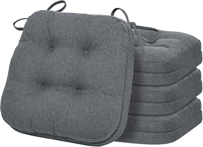 baibu Set of 4 Dining Chair Cushions, Dual-Layer Patent Design Memory Foam Kitchen Chair Cushions, Non-Slip Seat Pads with Ties, 16.5 x 16.5 x 3.5in, 4 Pack, Dark Grey