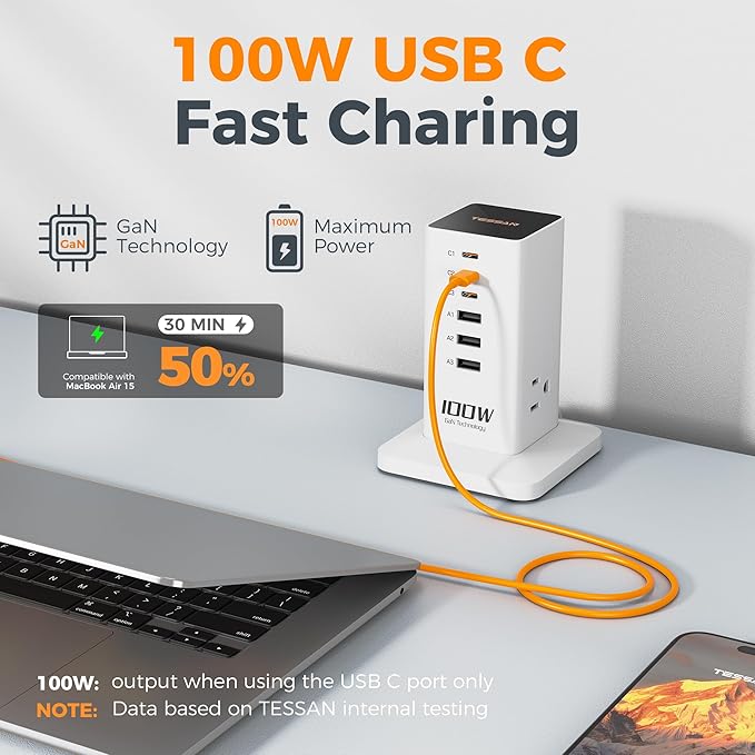 Charging Station for Multiple Devices, TESSAN 9-in-1 USB C Power Strip for iPhone 17/16/15, MacBook, Tablet, Desktop Phone Fast Charger with 3 AC, USB Charger, Home Drom Office Accessories, White-100W