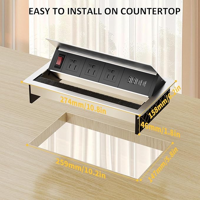 Kungfuking Recessed Power Strip with USB C PD 30W, Conference Table Power Hub Outlet Connectivity Box Rotatable with Switch and Metal Casing, 6 FT Cord