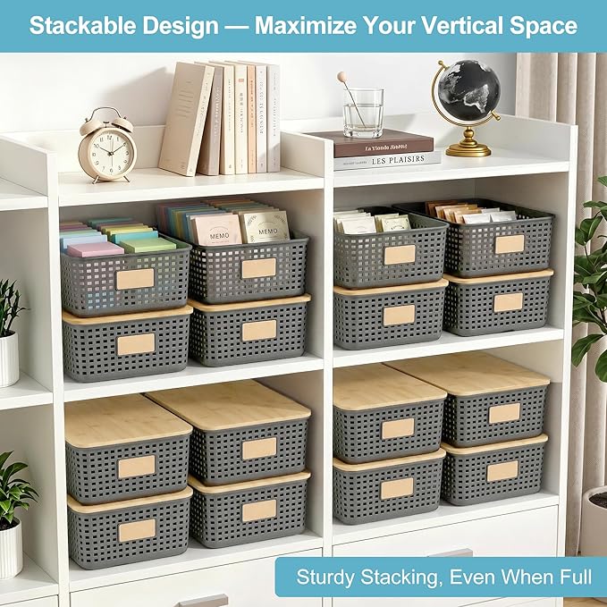 Bagnizer 4 Pack Plastic Storage Bins with Bamboo Lids, 6.2qt Stackable Storage Organizer Box with Lable for Pantry Shelves Drawers Desktop Office, 12"L x 8.5"W x 3.5"H, Gray