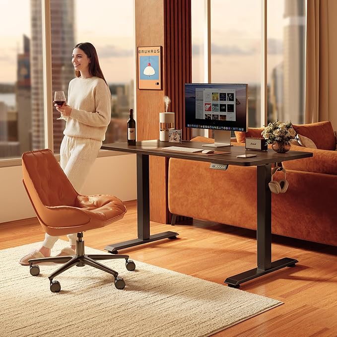 FEZIBO 48 x 24 Inchs Electric Standing Desk, Height Adjustable, Sit Stand Up, Computer Office Desk with Splice Board, Black Frame/Black Walnut Top