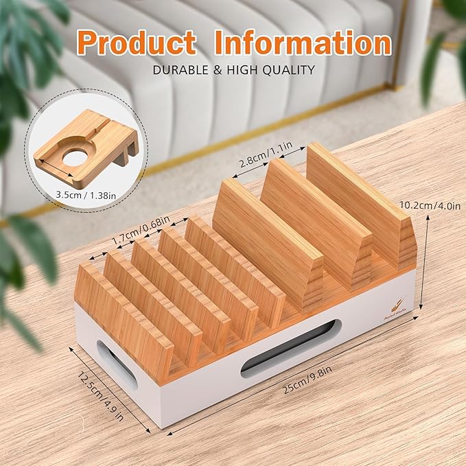 Pezin & Hulin Bamboo Charging Station Organizer for Multiple Devices & Wood Desktop Docking Charging Stand Such As Cell Phone, Tablets, Phone Case and Watch Stand(No USB Charger) (Natural + White)