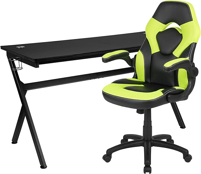 EMMA + OLIVER Black/Green Gaming Desk Bundle - Cup & Headphone Holders/Mouse Pad Top