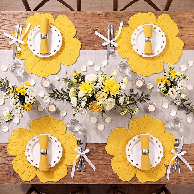 Moukeren Set of 6 Elegant Floral Placemat 16'' Flower Shaped Place Mat Flower Embroidery Table Mat for Wedding Bridal Shower Baby Shower Tea Party Kitchen Dining Table Decor(Yellow)