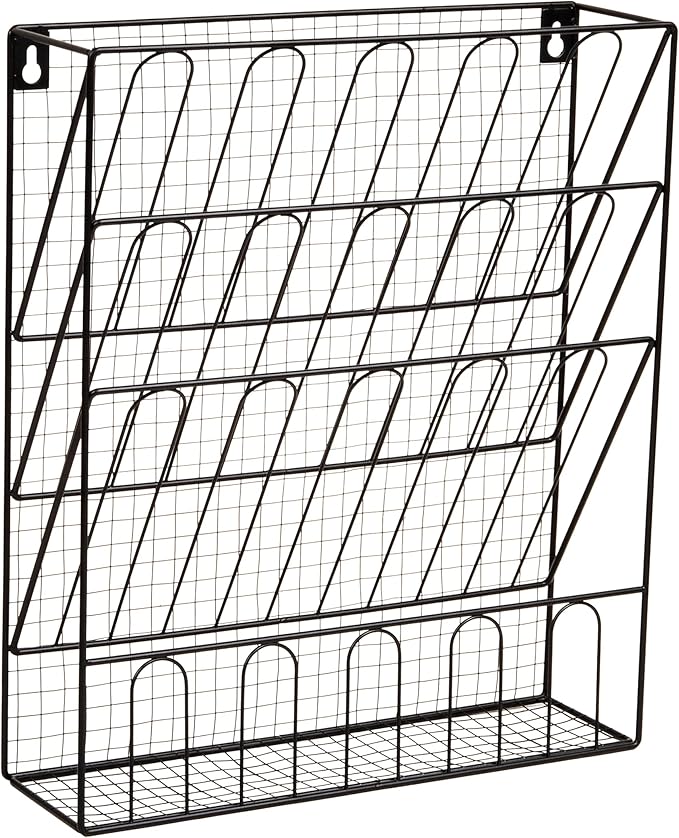 Mind Reader Metal Wire Desktop Organizer, Vertical File Holder, Hooks and Storage Tray, Wall Mount or Desktop, Metal, Black