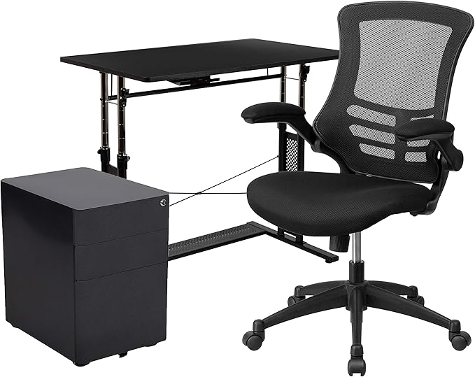 Flash Furniture Work From Home Kit - Adjustable Computer Desk, Ergonomic Mesh Office Chair and Locking Mobile Filing Cabinet with Side Handles