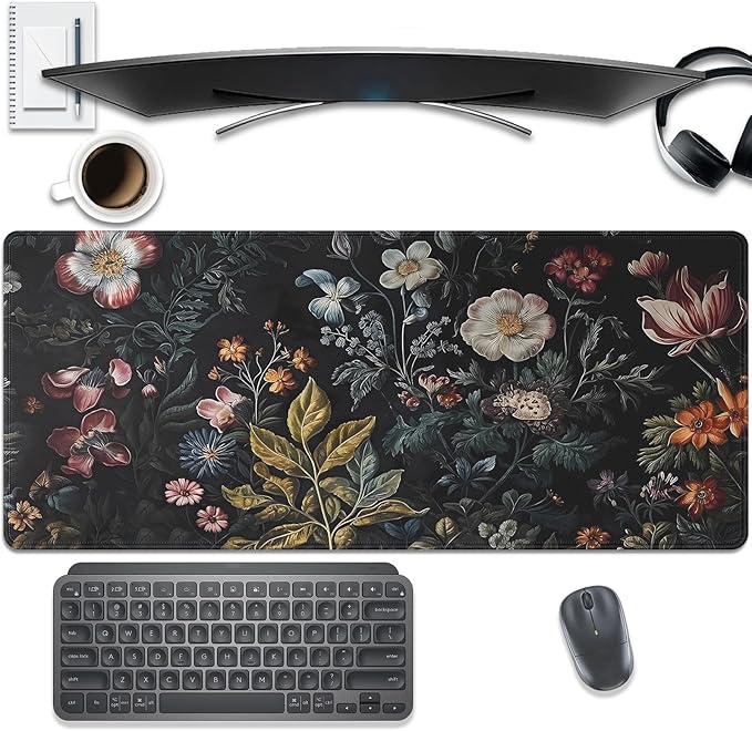 Dark Floral Large Mouse Pad Desk Mat, 27.5x11.8in Vintage Botanical Desk Pad Keyboard Mousepad with Stitched Edges, Non-Slip Waterproof Rubber Base for Office, Computer & Laptop