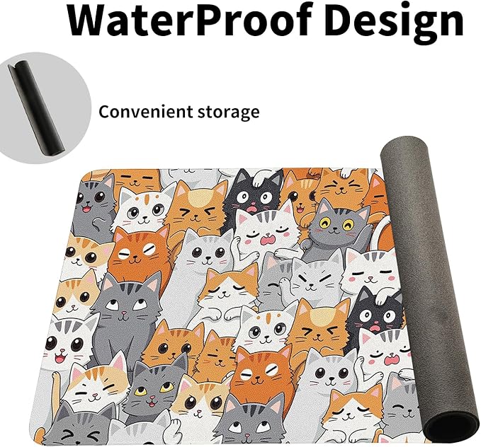 Positively Adorable Cat Desk Mat - （27.56 * 13.78in） Desk Pad, Large Non-Slip PU Leather Pad for Aesthetic Home Office & Gaming,A Gift for Cat Lovers
