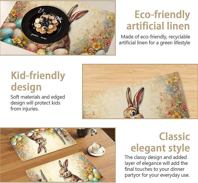 Easter Bunny Spring Placemats Set of 6 Linen Table Mats, 12x18 Inch Washable Placemats for Dining Table, Non Slip Heat Resistant Mats for Kitchen Home Decor